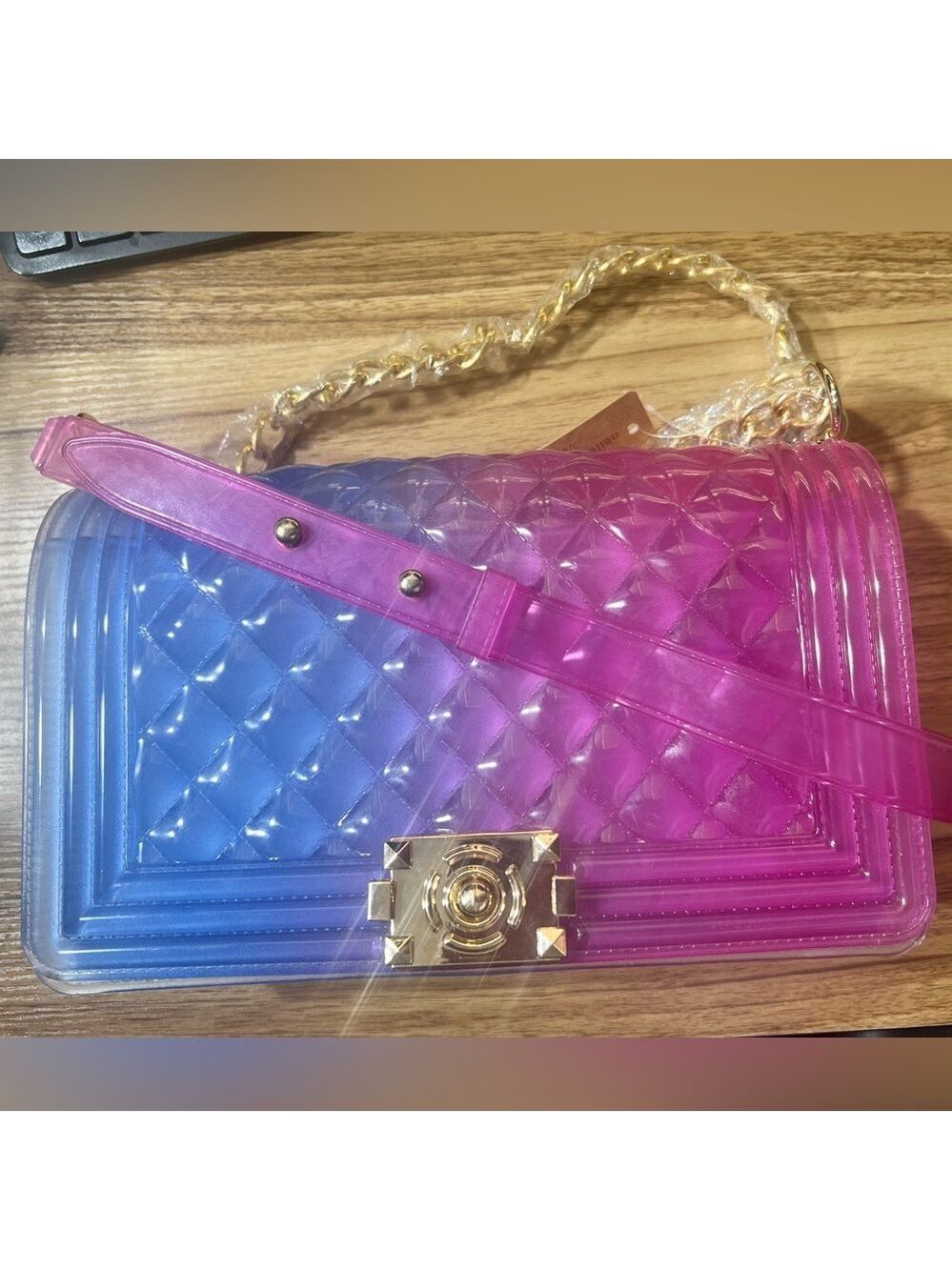 NEW! Jelly Ombré Two tone Pink Purple Blue Quilted Goldtone Chain Purse - Picture 6 of 6